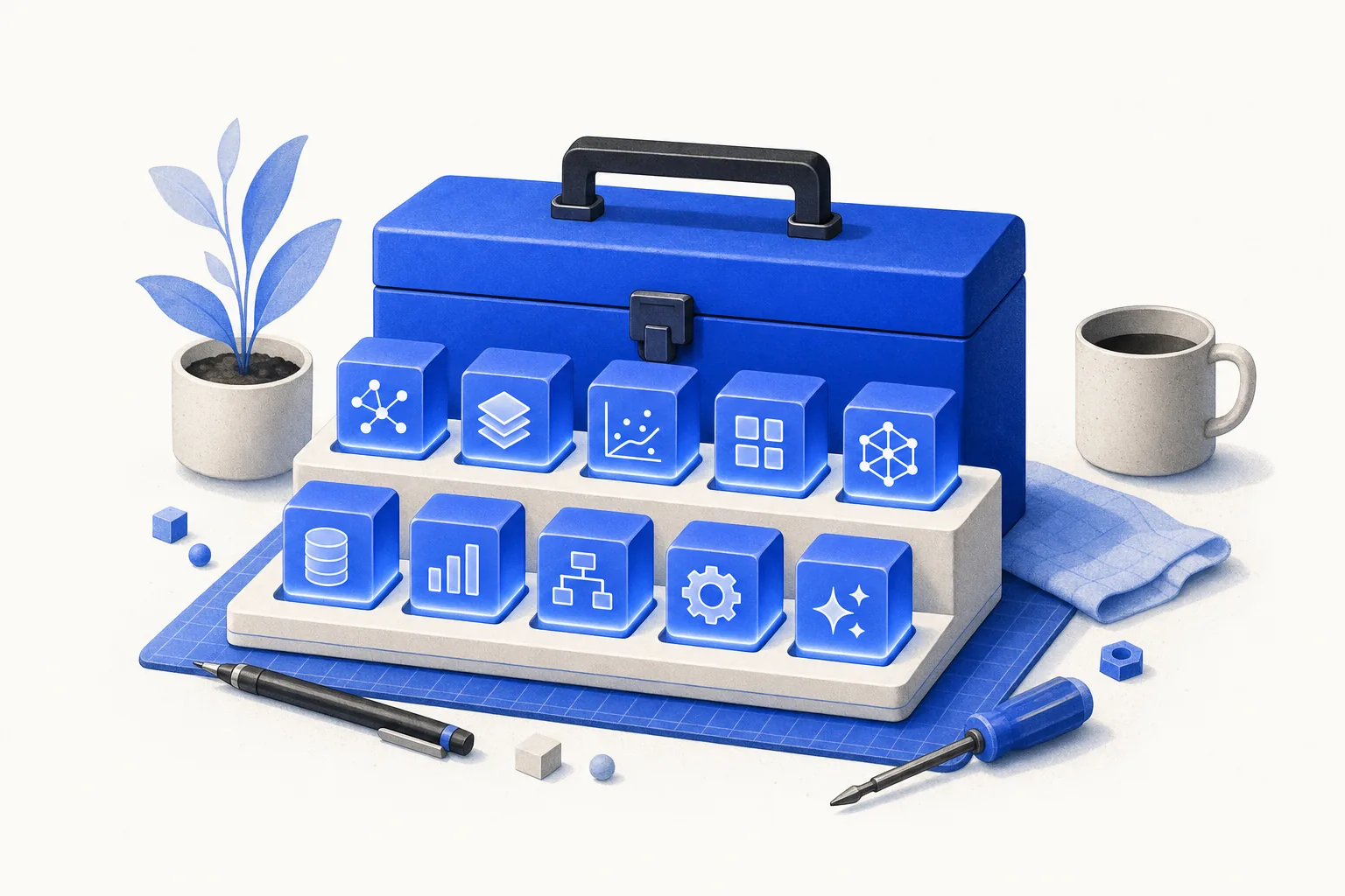 Ilustração editorial em tons de azul representando o artigo: 10 ferramentas internas que um empresário constrói num fim de semana (com os prompts)