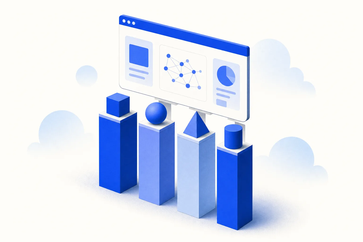 Ilustração editorial em tons de azul representando o artigo: Os 4 pilares do Vibe Coding destrinchados pra não-dev: vibes, specs, skills, agents
