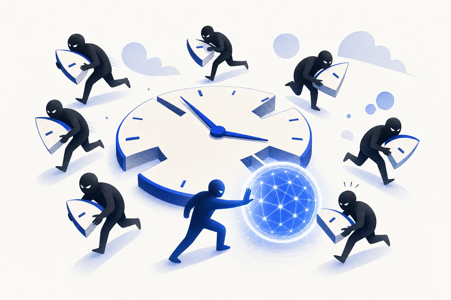 Ilustração editorial em tons de azul representando o artigo: Os 7 ladrões de tempo da PME (ranqueados por custo real)