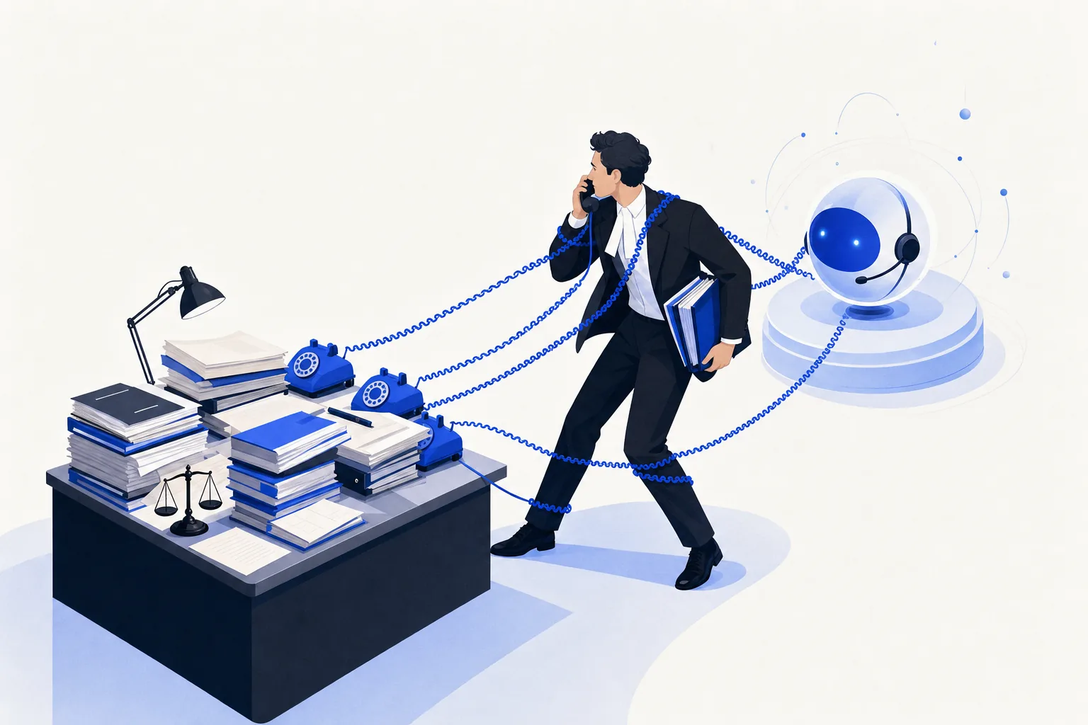 Ilustração editorial em tons de azul representando o artigo: Cliente liga toda hora perguntando do processo: o custo oculto de não automatizar o status