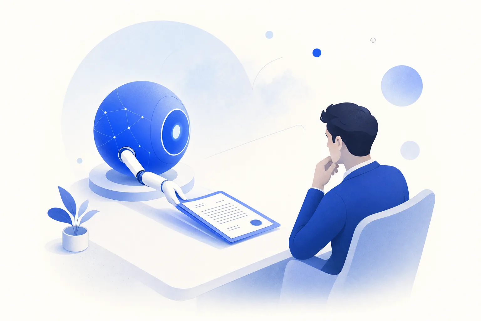 Ilustração editorial em tons de azul representando o artigo: O cliente gostou da consulta e não fechou: o follow-up que recupera esse caso