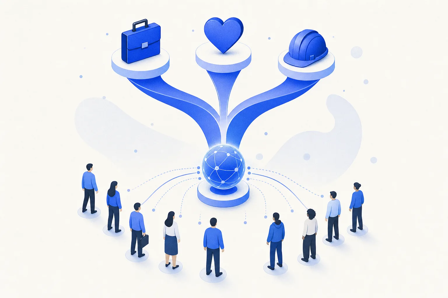Ilustração editorial em tons de azul representando o artigo: Funil de triagem por área jurídica: trabalhista, família e empresarial não se qualificam igual
