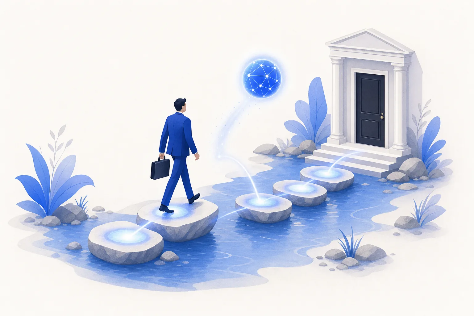 Ilustração editorial em tons de azul representando o artigo: O script de 5 perguntas que qualifica caso jurídico antes da reunião com o advogado