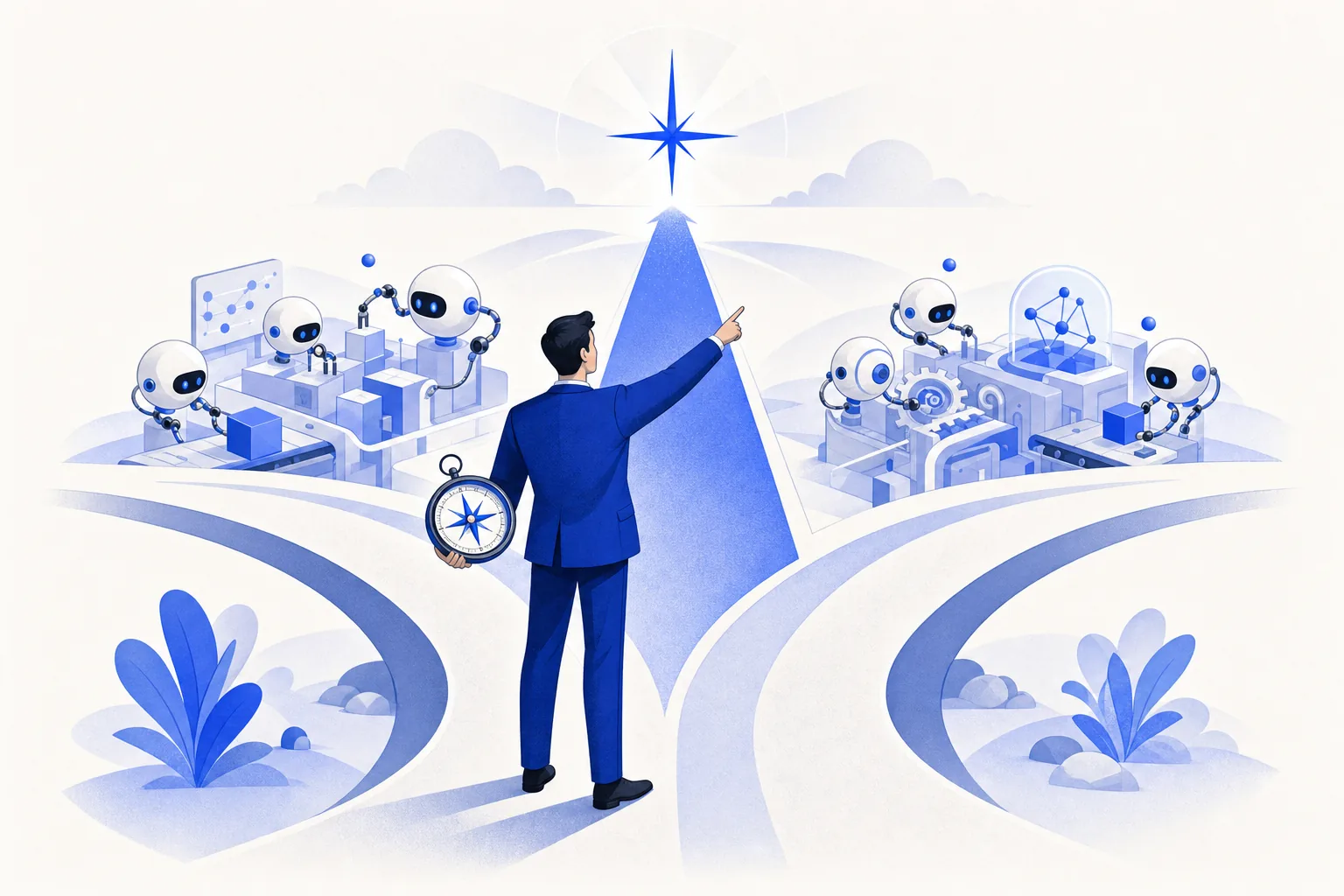 Ilustração editorial em tons de azul representando o artigo: IA faz o trabalho, você faz a escolha: agência humana como novo diferencial