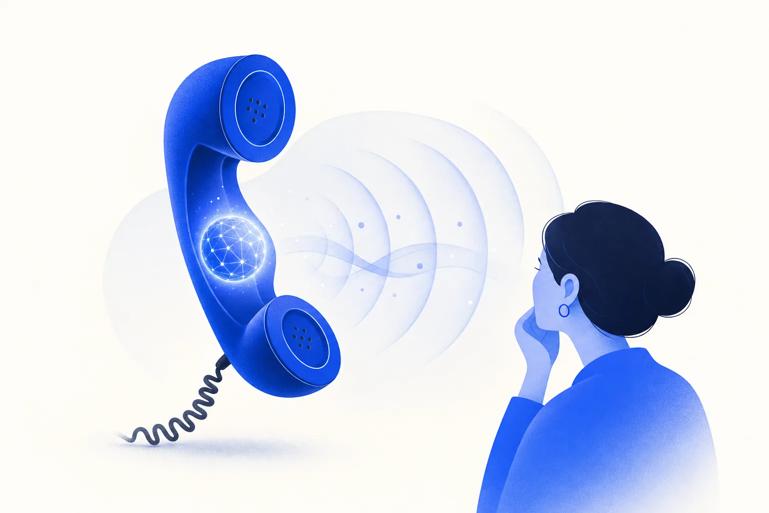 Ilustração editorial em tons de azul representando o artigo: Agente de voz: o telefone da sua empresa atendido por IA de verdade