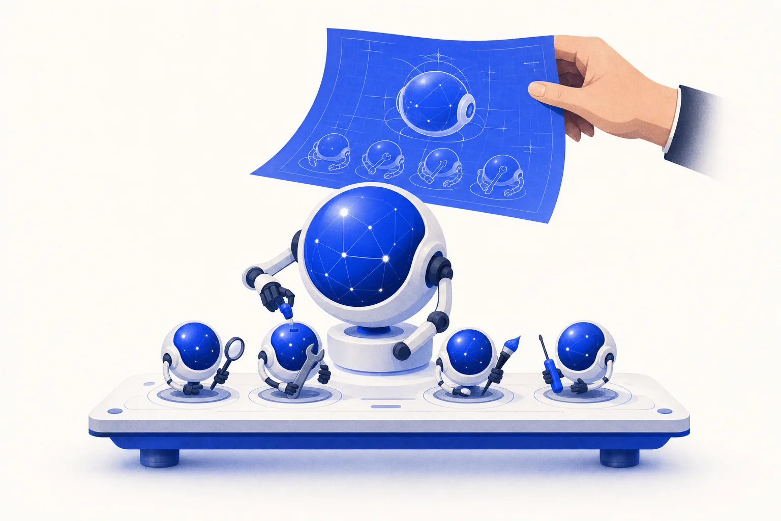 Ilustração editorial em tons de azul representando o artigo: Agente que cria agente: até onde vai a automação recursiva numa PME