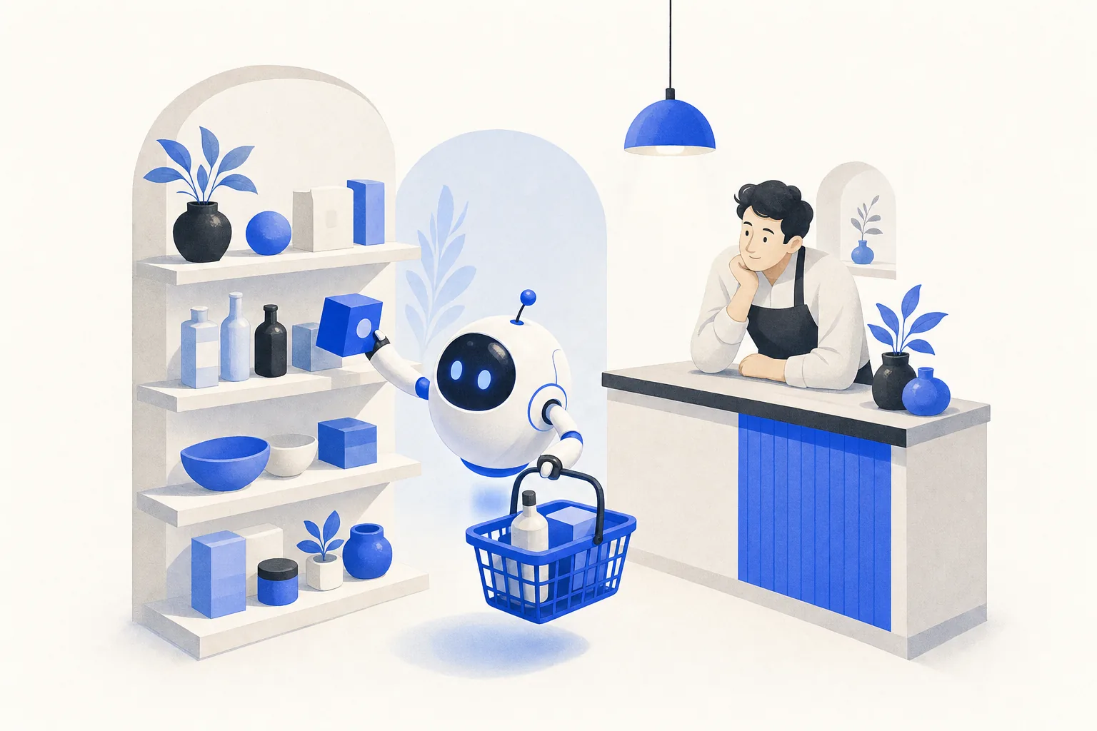 Ilustração editorial em tons de azul representando o artigo: Quando o comprador for um agente: como vender pra IA dos outros