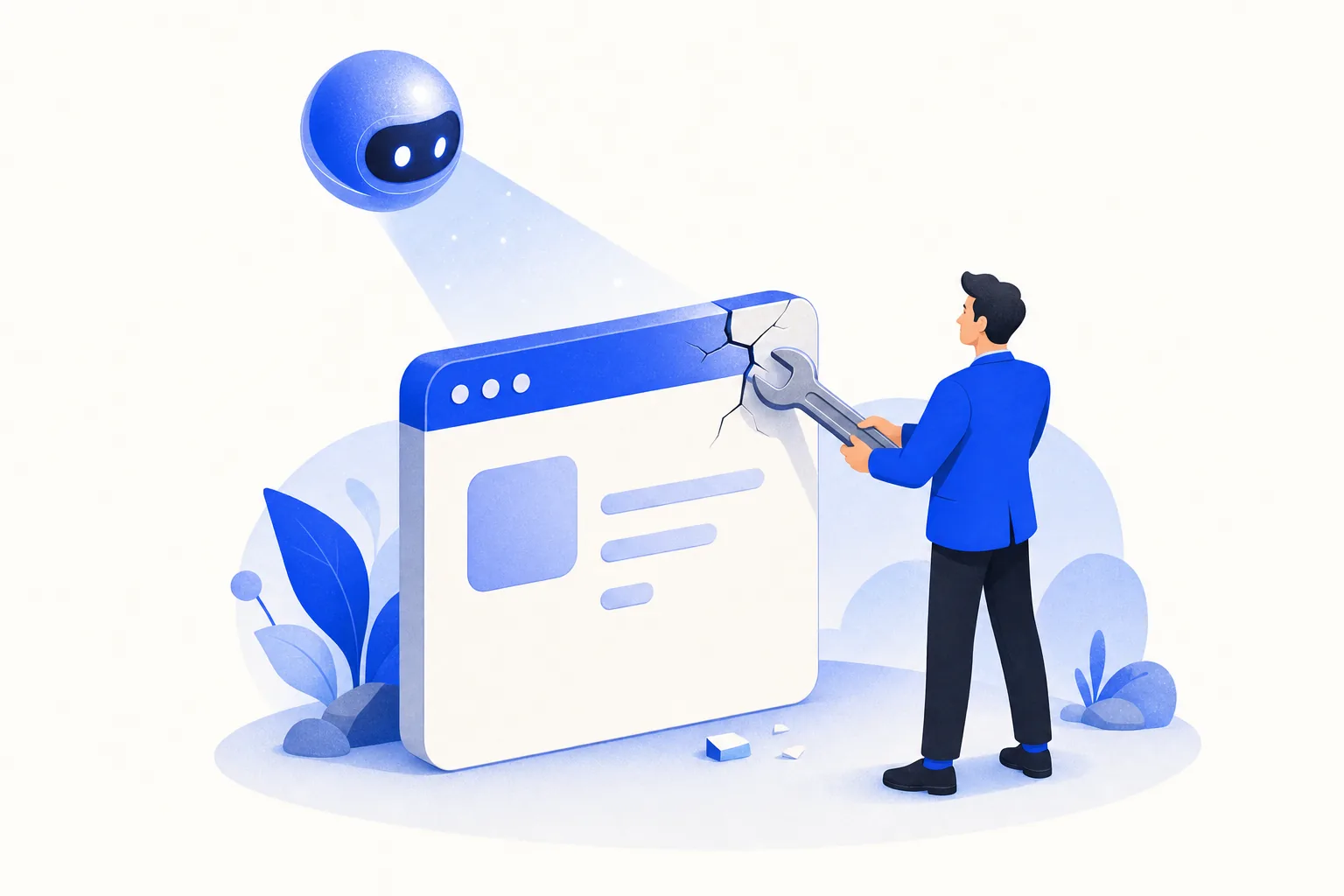 Ilustração editorial em tons de azul representando o artigo: Meu app vibe-coded quebrou: o guia de manutenção pra não-dev