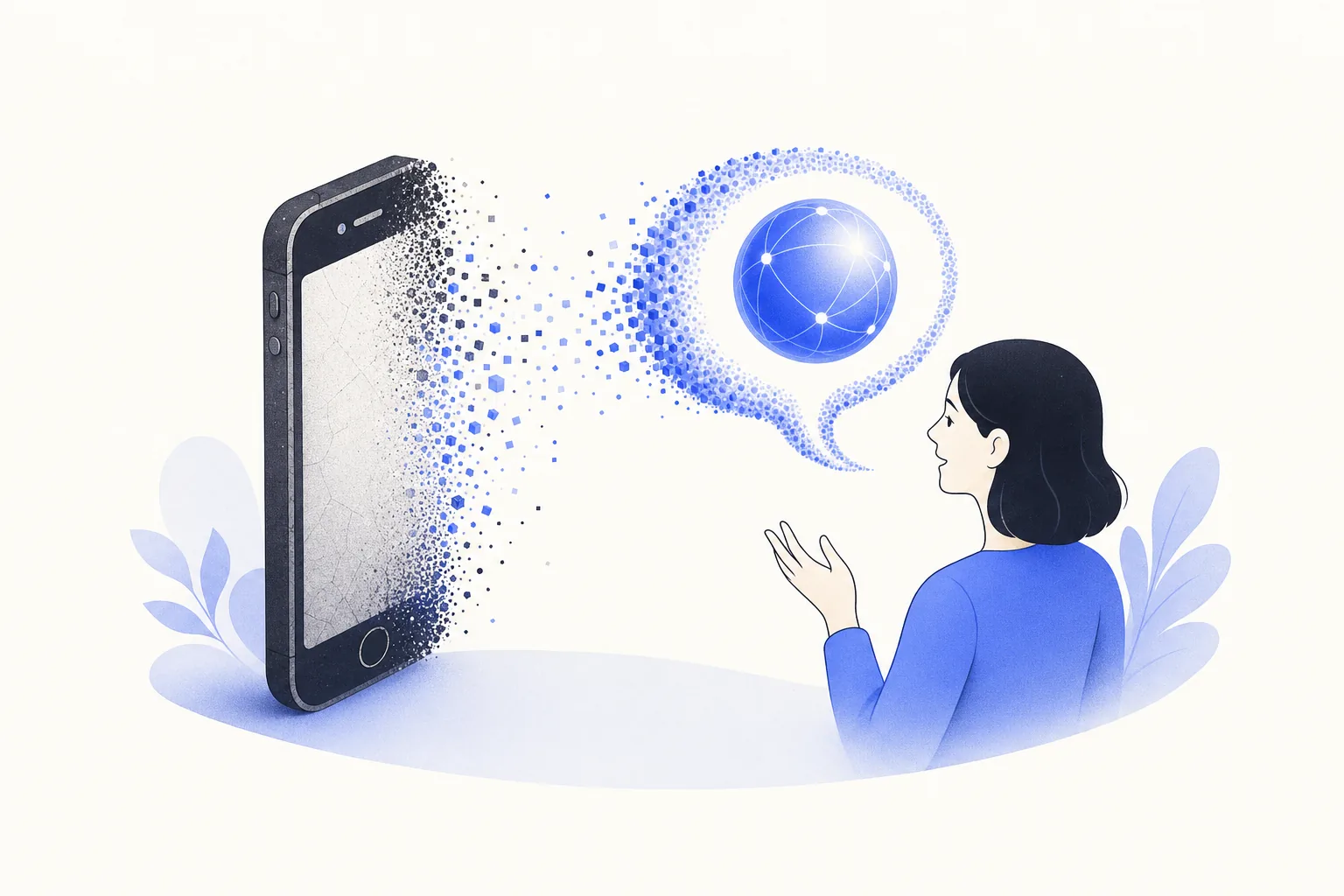 Ilustração editorial em tons de azul representando o artigo: O app da sua empresa pode morrer: atendimento e venda viram conversa