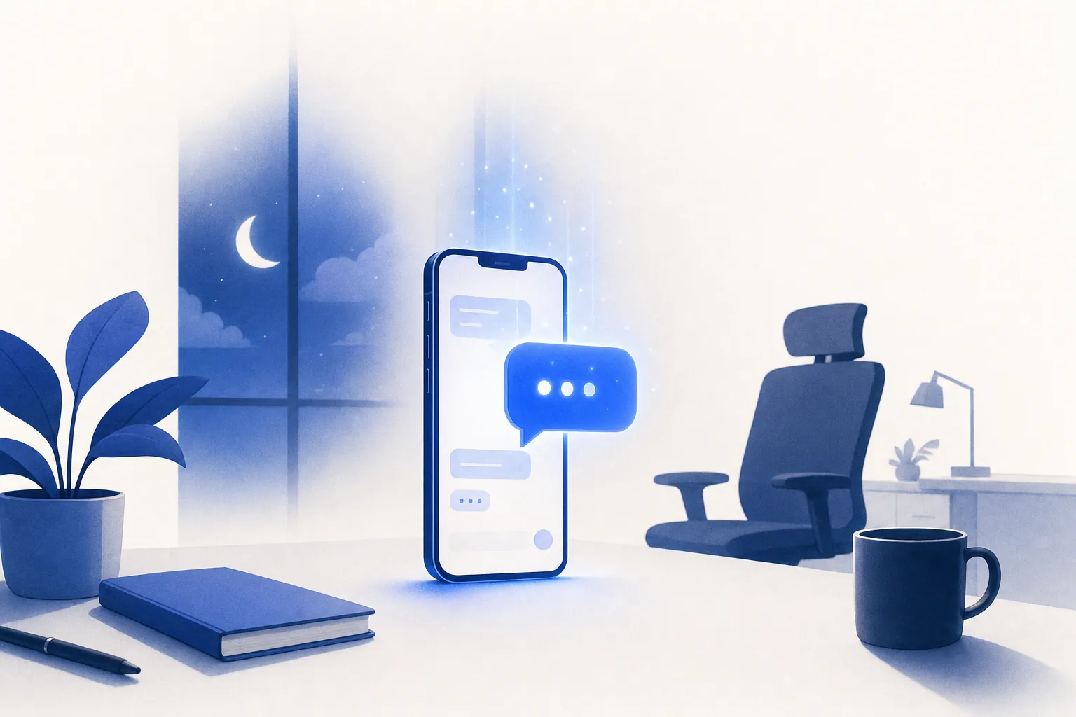 Ilustração editorial em tons de azul representando o artigo: Quantos leads sua PME perde fora do horário comercial (e o que um agente de IA faz às 23h)