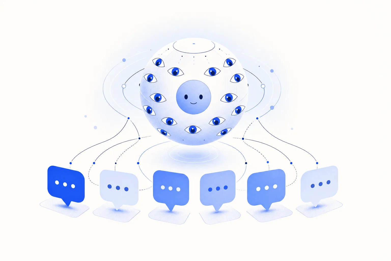 Ilustração editorial em tons de azul representando o artigo: Auditar 100% dos atendimentos com IA (antes só dava pra amostrar)
