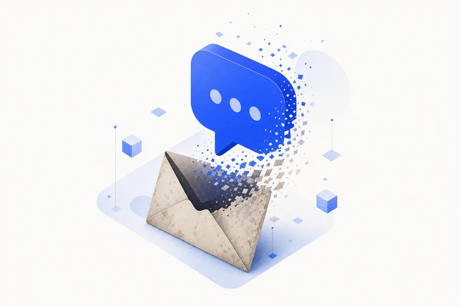 Ilustração editorial em tons de azul representando o artigo: Por que automação de e-mail morreu e o que fazer no WhatsApp Business API