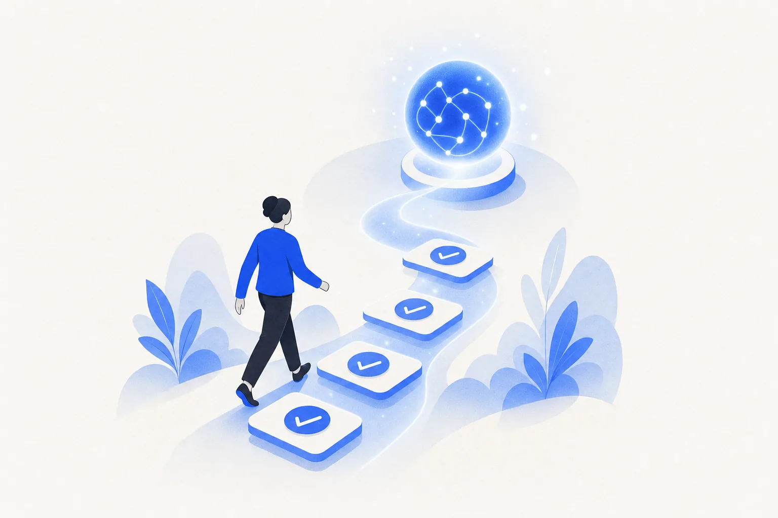 Ilustração editorial em tons de azul representando o artigo: Onboarding de funcionário com IA: como padronizamos a entrada de novos em 2 horas