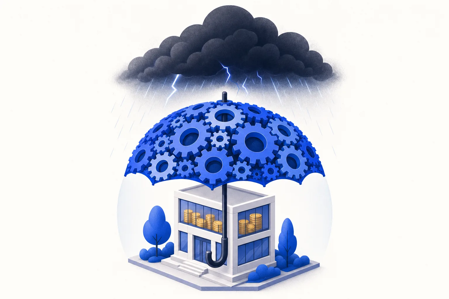 Ilustração editorial em tons de azul representando o artigo: Automatizar em ano de crise: gasto ou proteção de caixa?