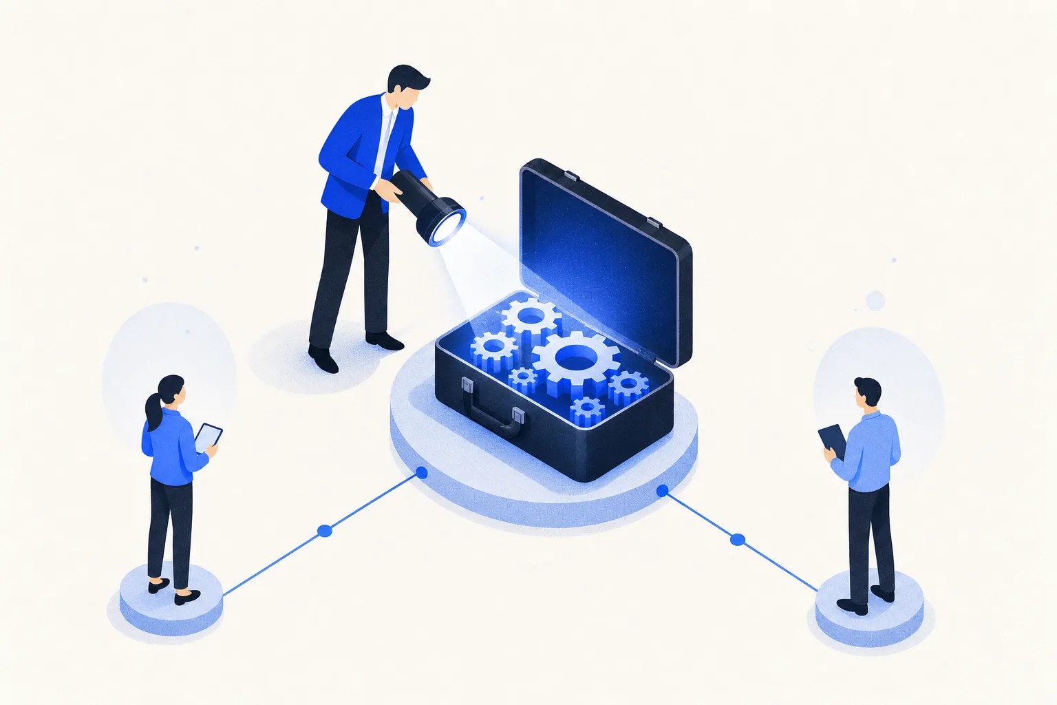 Ilustração editorial em tons de azul representando o artigo: "Nunca ouvi falar de vocês": como avaliar um fornecedor novo de tecnologia