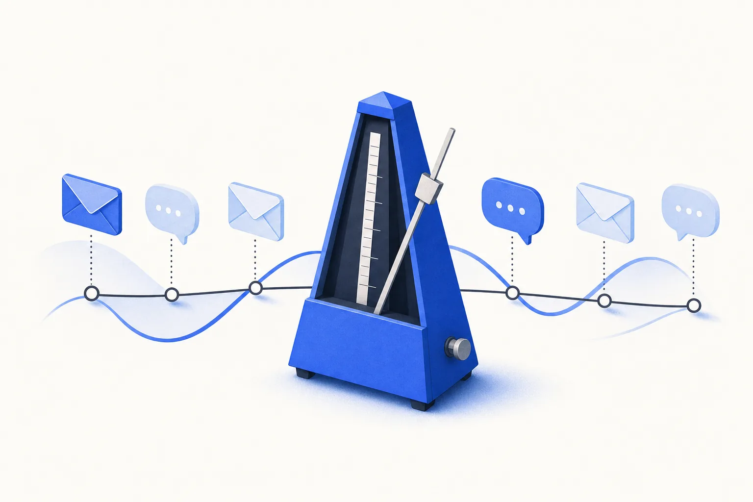 Ilustração editorial em tons de azul representando o artigo: Cadência de prospecção outbound que funciona no Brasil (limites, canais, ritmo)