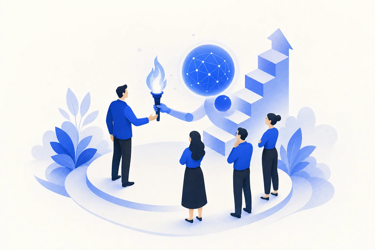 Ilustração editorial em tons de azul representando o artigo: Campeão interno de IA: como formar a pessoa que mantém tudo rodando