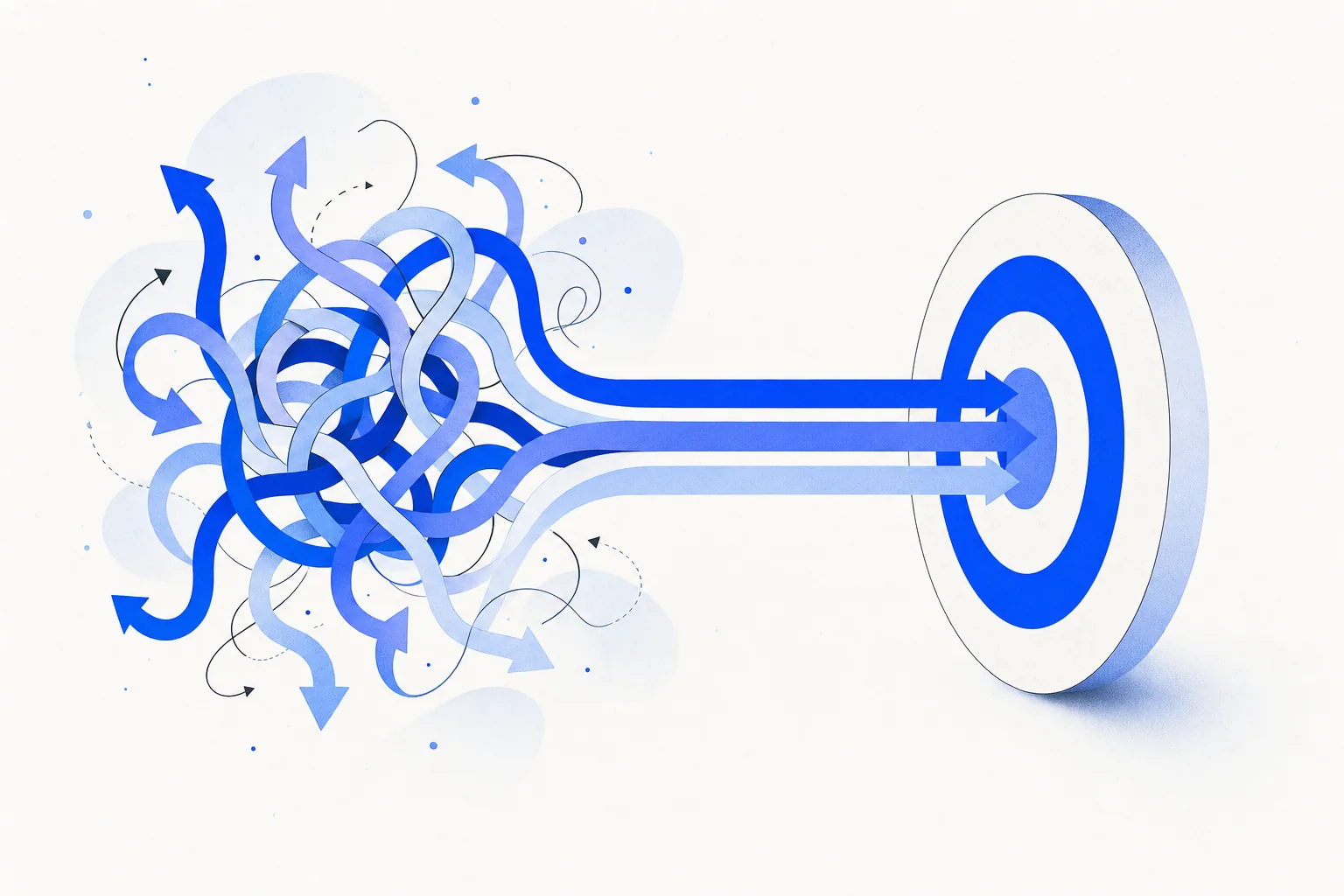 Ilustração editorial em tons de azul representando o artigo: Como apliquei OKR Expert numa empresa de serviços e saímos do caos pra clareza em 90 dias
