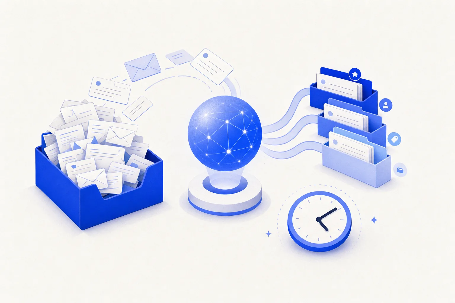 Ilustração editorial em tons de azul representando o artigo: Inbox zero em 3 semanas: como implementei triagem com IA e economizei 45min/dia