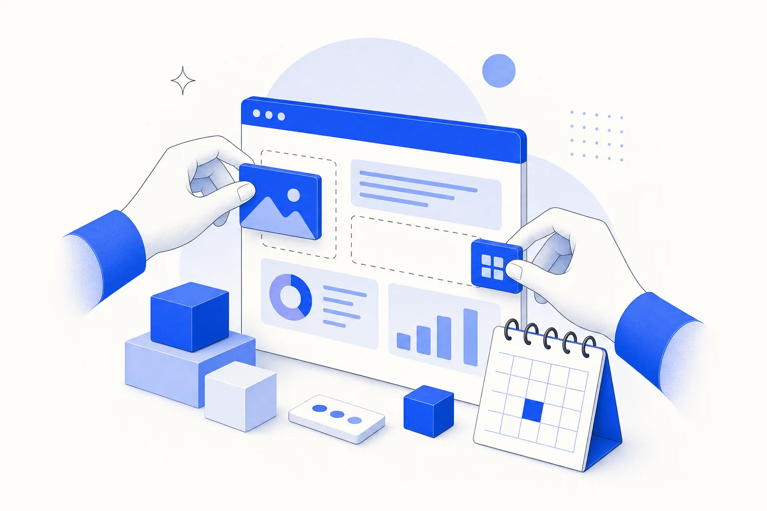 Ilustração editorial em tons de azul representando o artigo: Construí um app interno de diagnóstico em 1 mês sem escrever uma linha de código