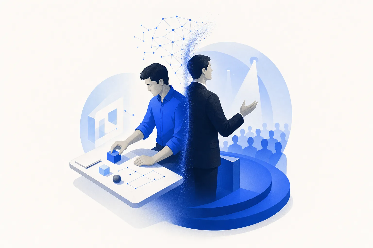 Ilustração editorial em tons de azul representando o artigo: Bifurcação de CEOs em 2025: por que os líderes estão se dividindo em executor e estrategista público