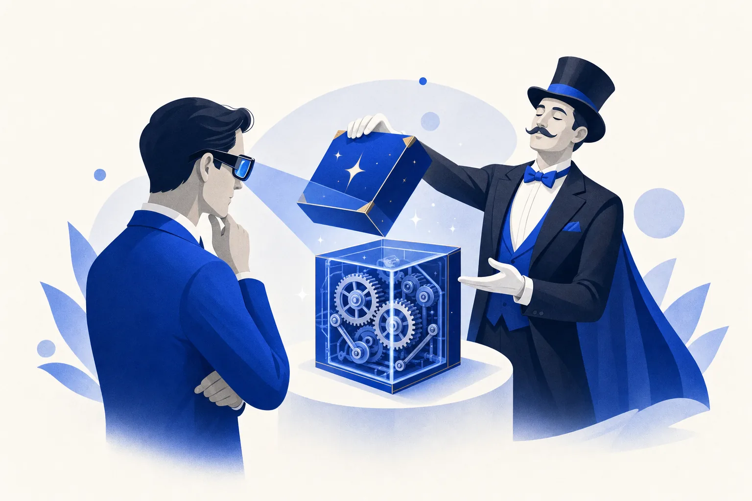Ilustração editorial em tons de azul representando o artigo: CEO que não entende de tecnologia: o mínimo que você precisa saber pra não ser enganado