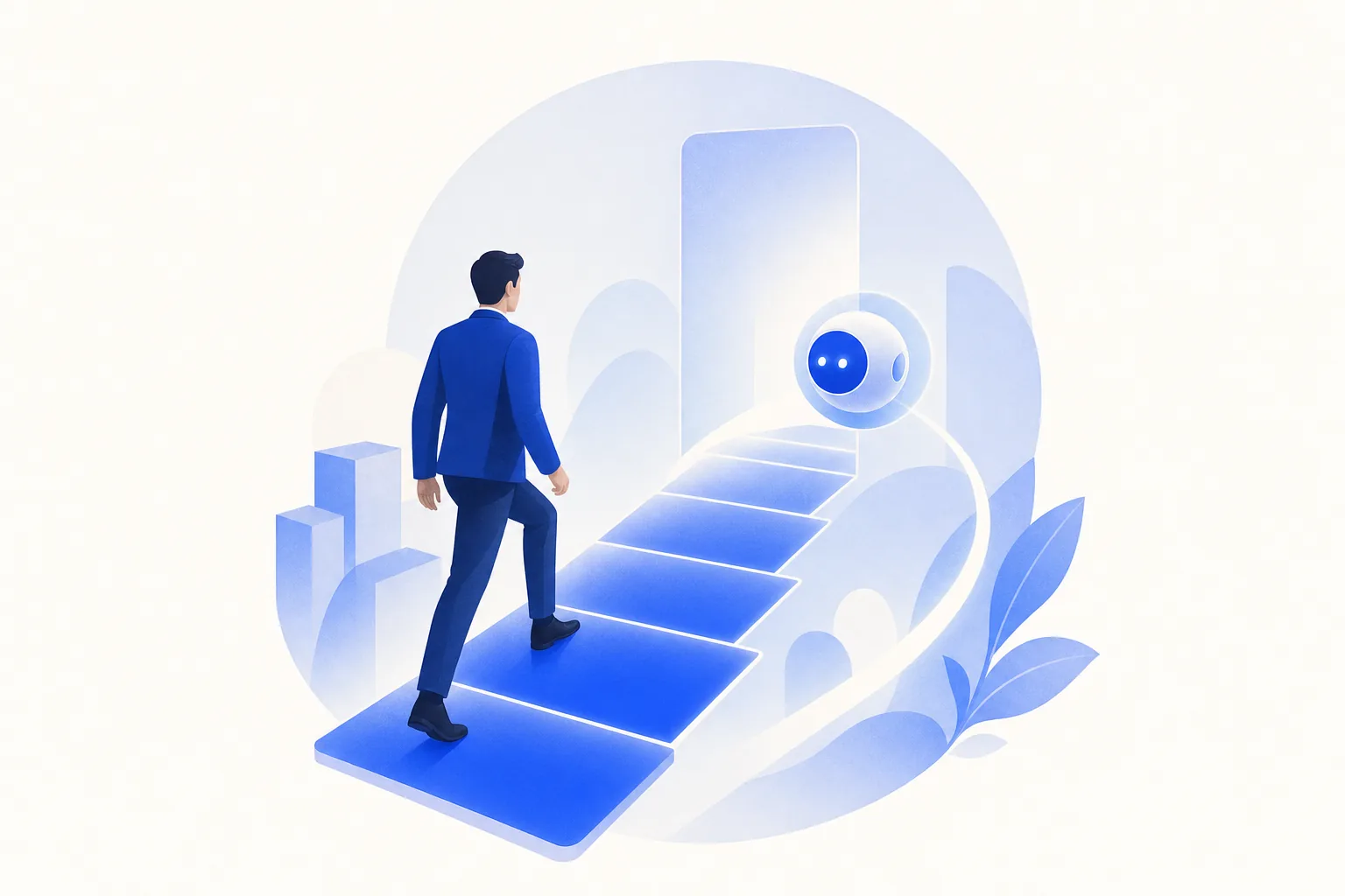 Ilustração editorial em tons de azul representando o artigo: Claude Code pra empresário: primeiros passos sem saber programar