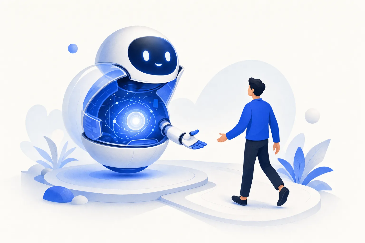 Ilustração editorial em tons de azul representando o artigo: Seu cliente precisa saber que está falando com IA?