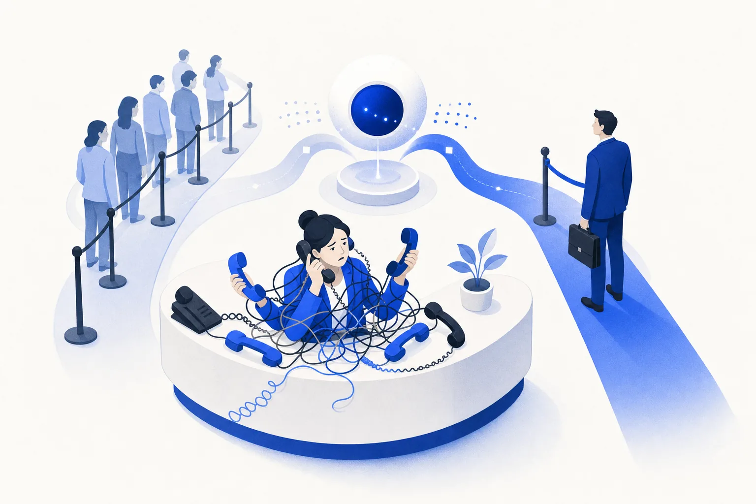 Ilustração editorial em tons de azul representando o artigo: Convênio ocupa a agenda e não dá lucro: o problema que a recepção não resolve sozinha