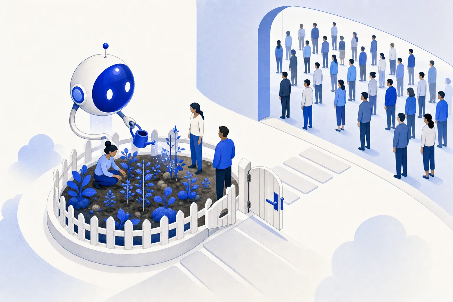 Ilustração editorial em tons de azul representando o artigo: Como implantar IA na clínica sem parar o atendimento nem arriscar dado de paciente