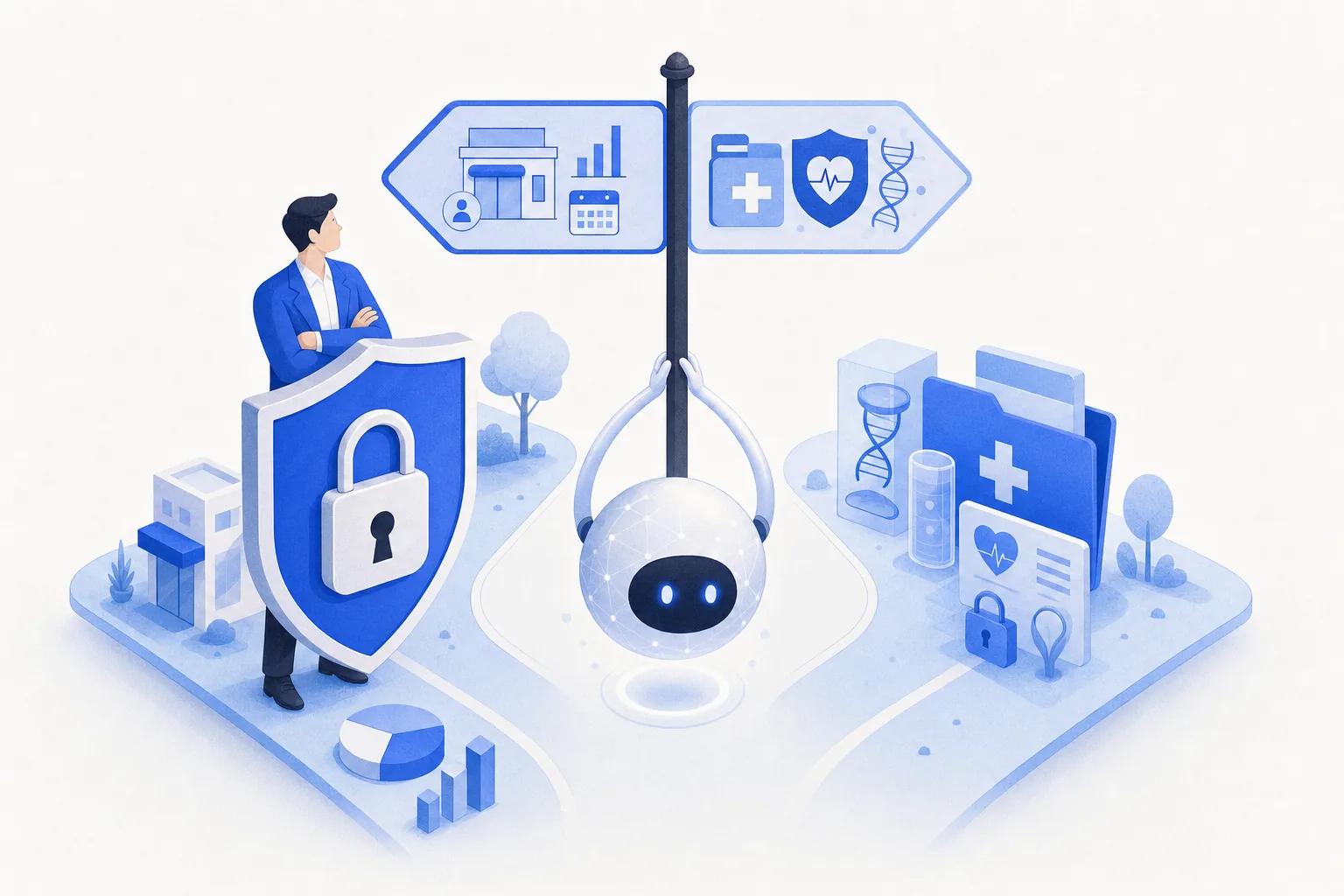 Ilustração editorial em tons de azul representando o artigo: Tenho medo de automatizar a clínica e cair na LGPD: o que é risco real e o que é mito