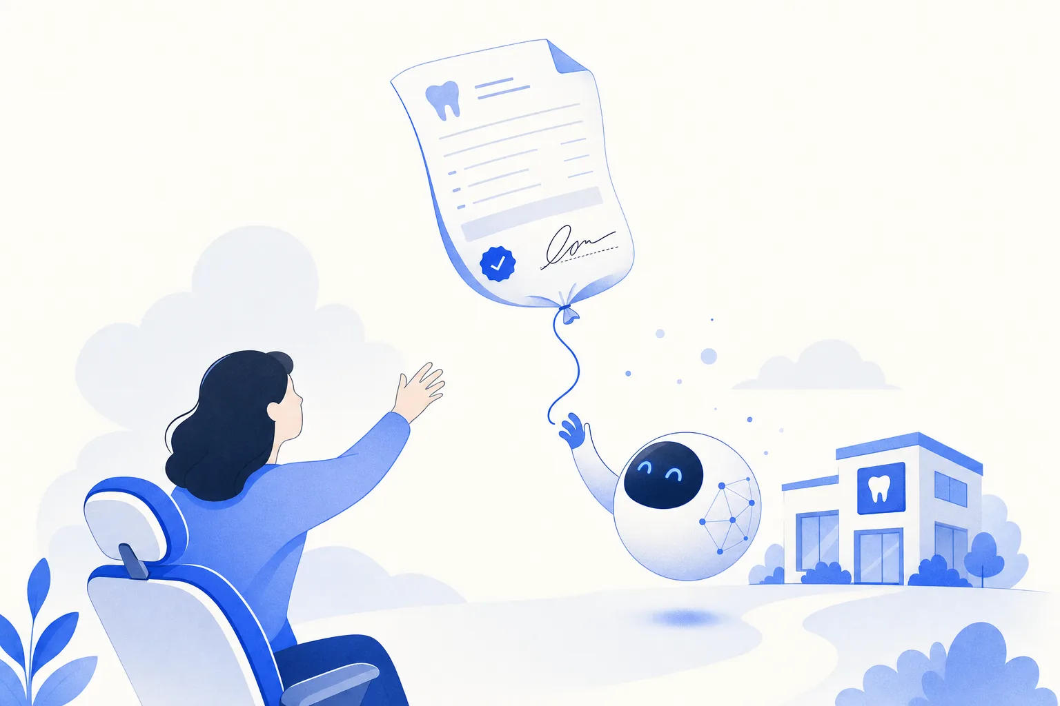 Ilustração editorial em tons de azul representando o artigo: Paciente aprova o orçamento e some: por que o tratamento não fecha