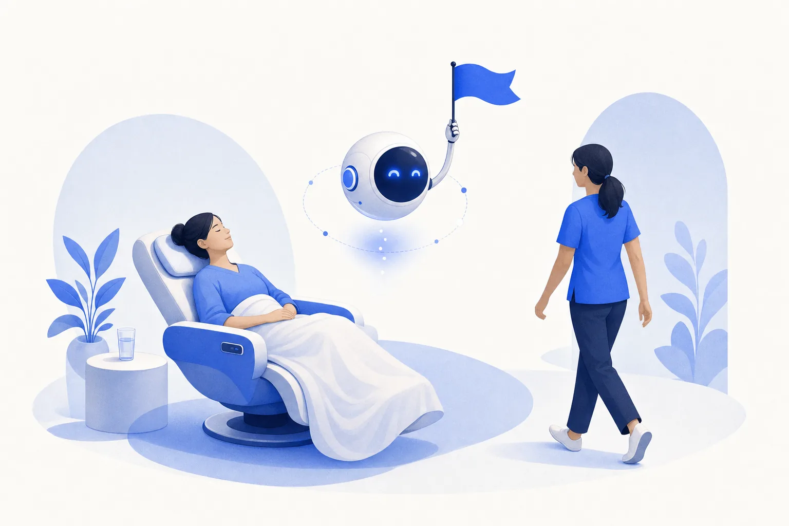 Ilustração editorial em tons de azul representando o artigo: Acompanhamento pós-procedimento automatizado: até onde a IA pode ir sem virar orientação médica