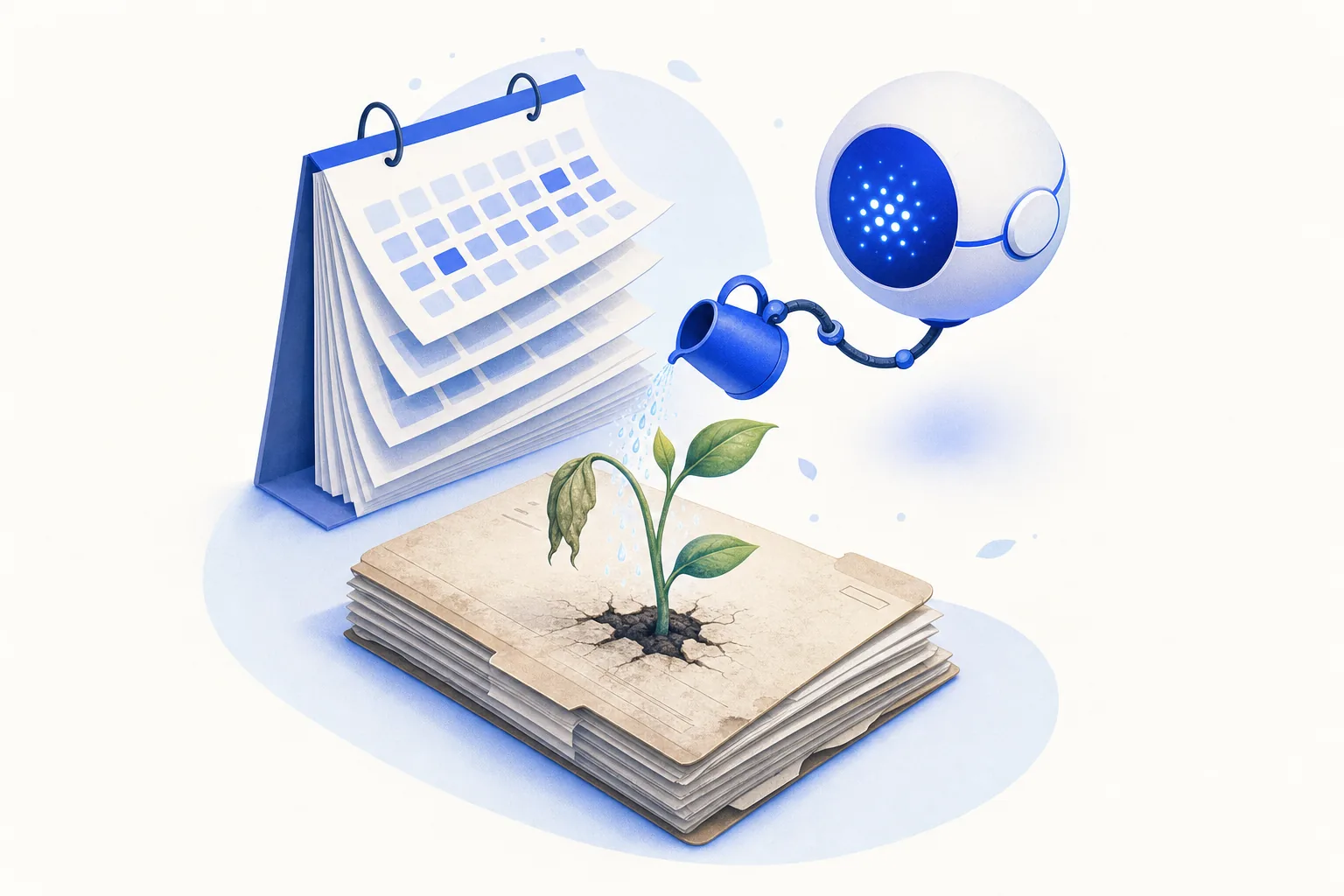 Ilustração editorial em tons de azul representando o artigo: Como reativar paciente que sumiu há 6 meses sem parecer venda forçada