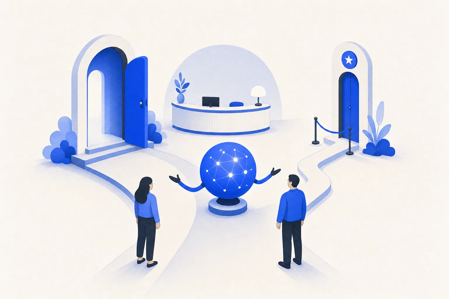 Ilustração editorial em tons de azul representando o artigo: Como montar a triagem de convênio x particular no WhatsApp antes da recepção