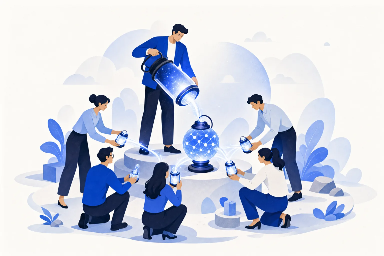 Ilustração editorial em tons de azul representando o artigo: Clone de conhecimento do fundador: escalar o dono sem clonar o dono