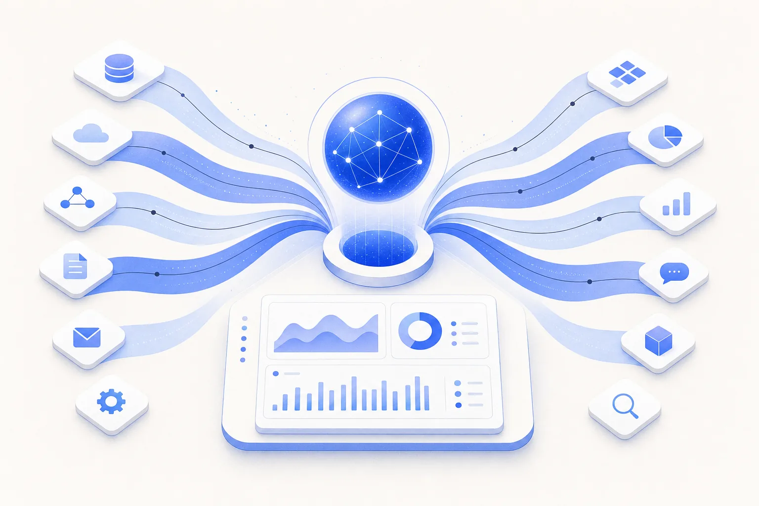Ilustração editorial em tons de azul representando o artigo: Central de operações com IA: como centralizo tudo em 1 lugar (e o que isso mudou)