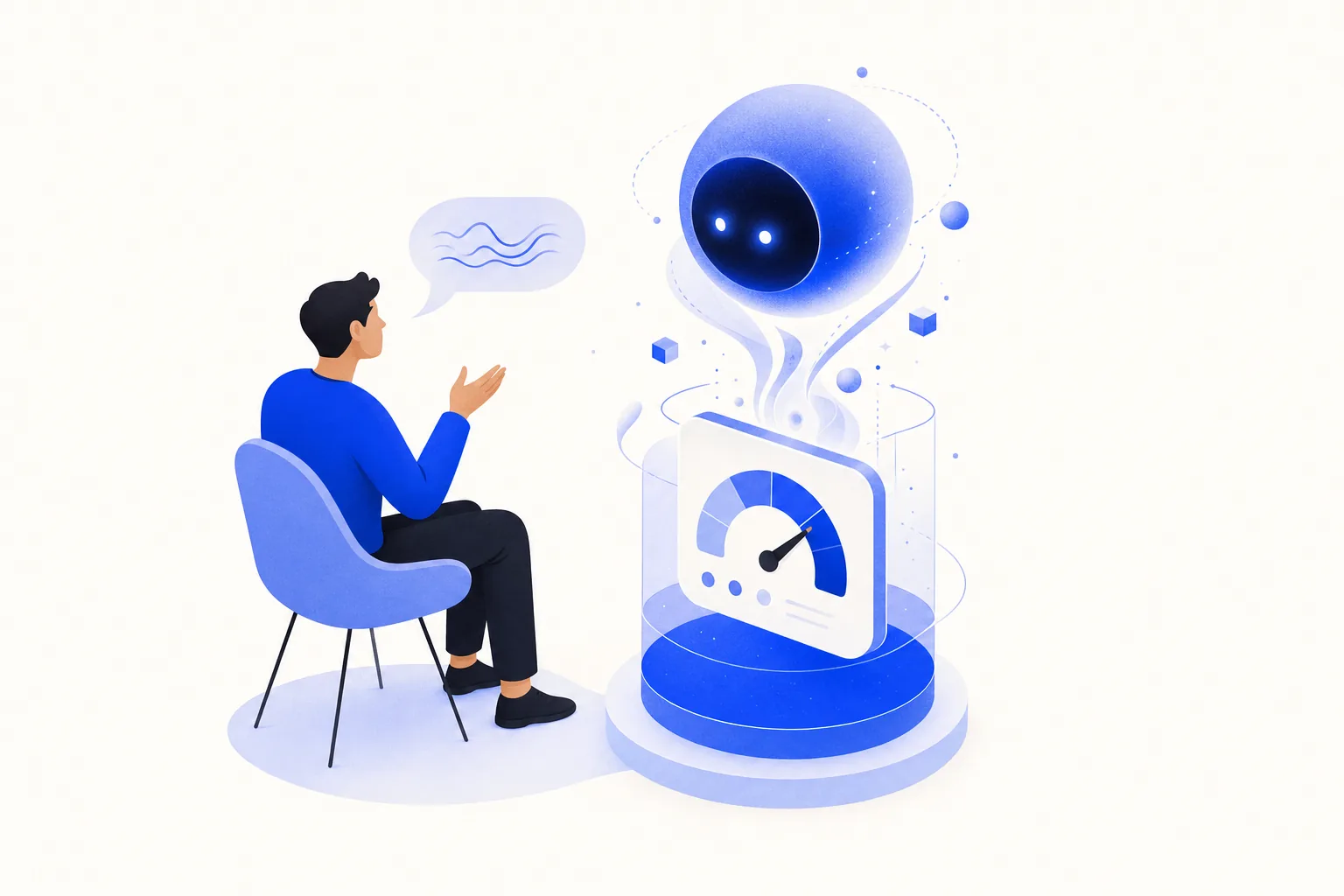 Ilustração editorial em tons de azul representando o artigo: Como pedi pra IA construir minha ferramenta de diagnóstico (e o que aprendi)