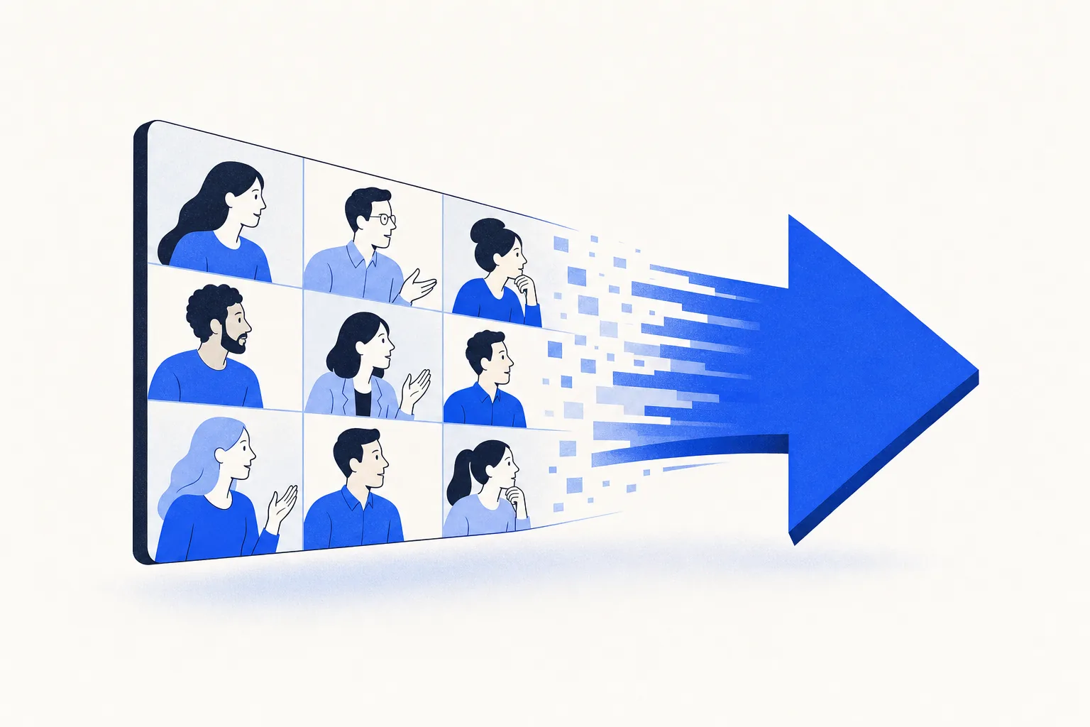 Ilustração editorial em tons de azul representando o artigo: Como usar IA nas reuniões do Zoom pra sair com ação clara, não com resumo genérico