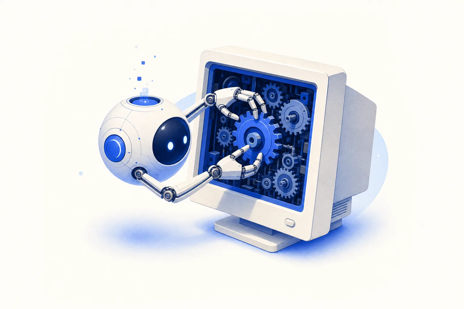 Ilustração editorial em tons de azul representando o artigo: O agente que usa o computador: automação sem API e sem projeto de integração
