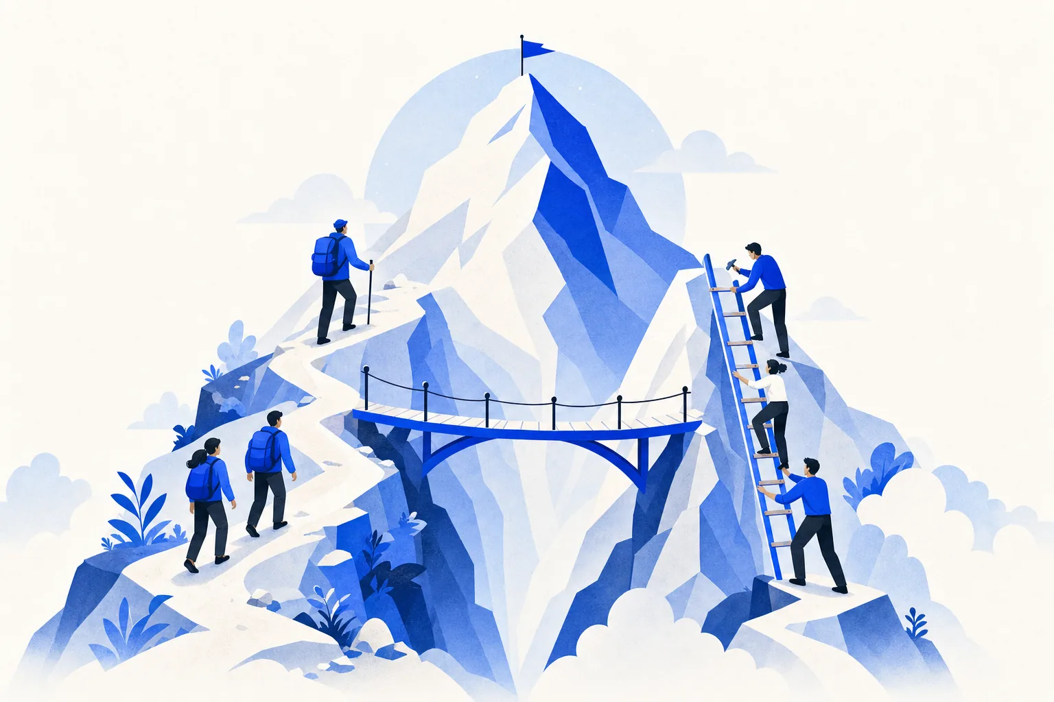 Ilustração editorial em tons de azul representando o artigo: Consultoria de IA ou montar um time interno: o que faz sentido pra sua PME