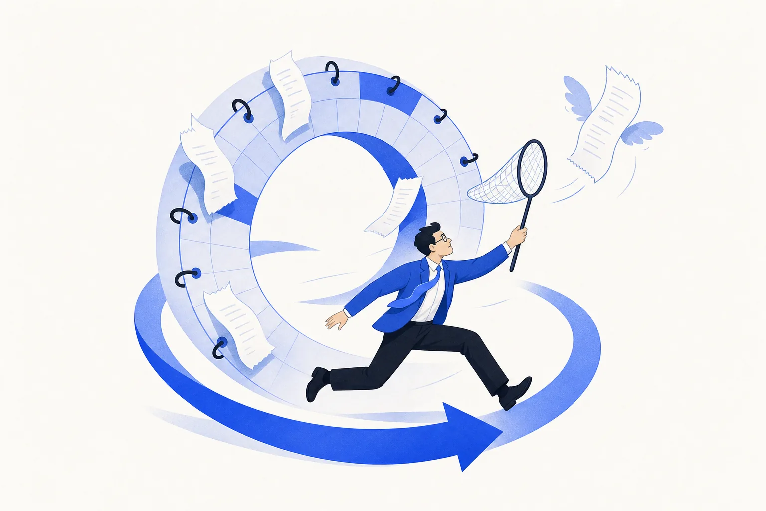 Ilustração editorial em tons de azul representando o artigo: Cliente atrasa documento todo mês: por que perseguir nota fiscal consome o escritório contábil