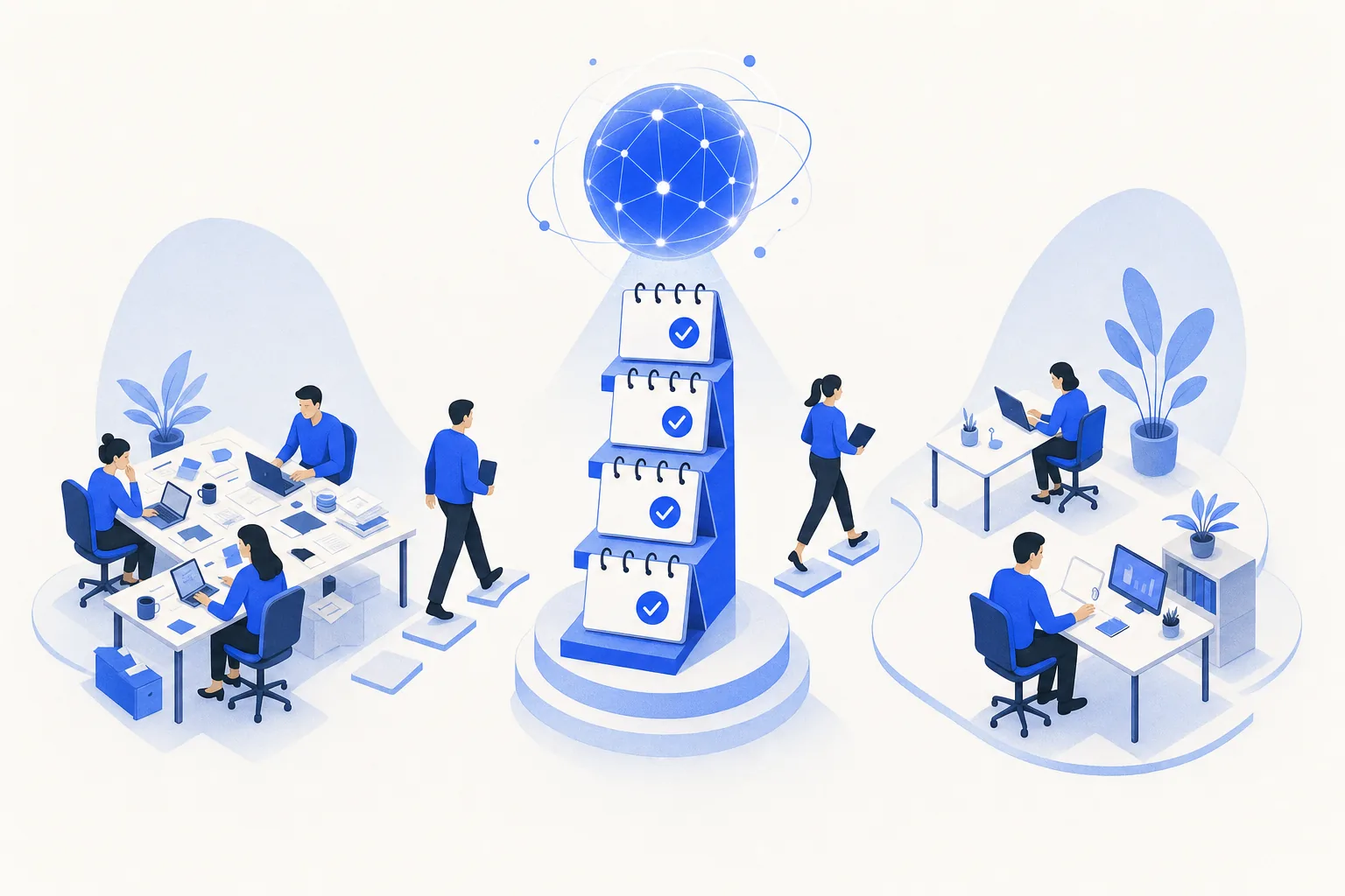 Ilustração editorial em tons de azul representando o artigo: Implantar atendimento com IA num escritório contábil: quanto tempo leva e o que muda na rotina da equipe