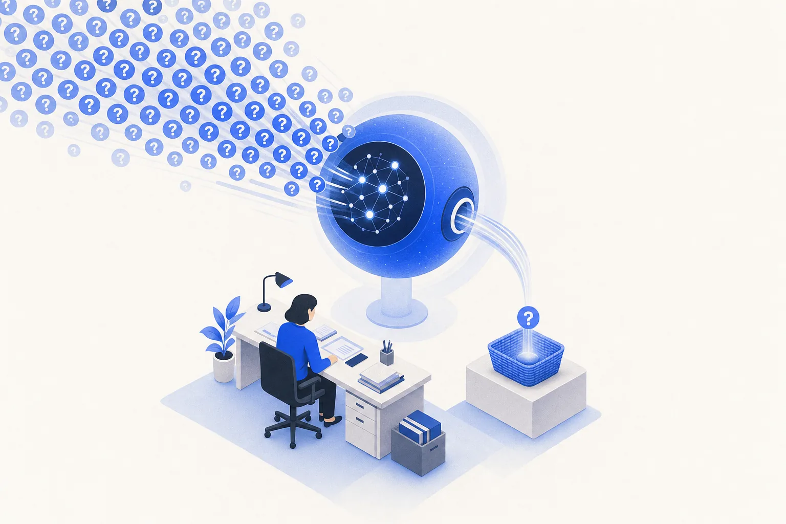 Ilustração editorial em tons de azul representando o artigo: Atender 300 clientes MEI sem contratar mais gente: dá pra automatizar?