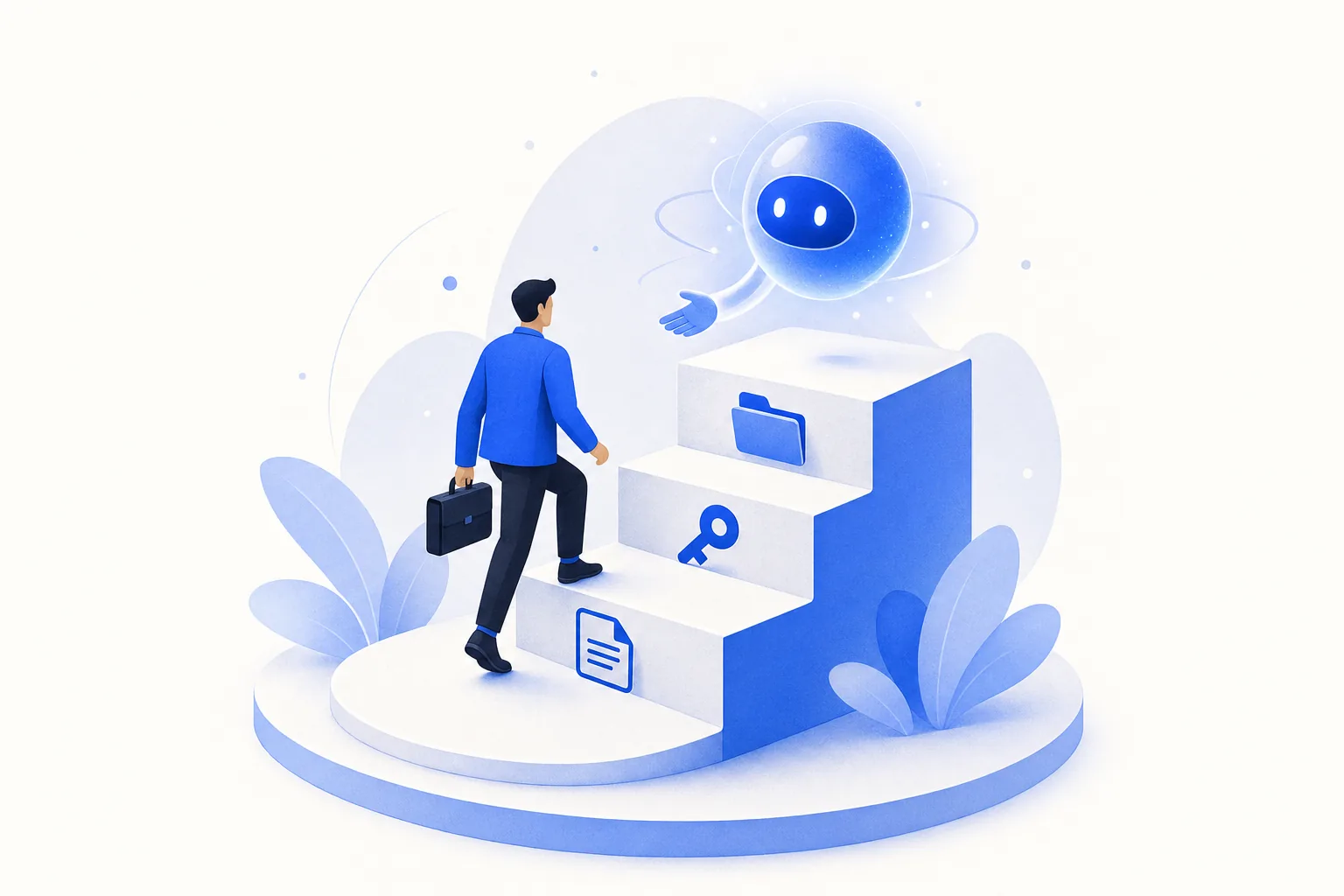 Ilustração editorial em tons de azul representando o artigo: Como automatizar o onboarding de cliente novo no escritório contábil, do contrato ao primeiro fechamento