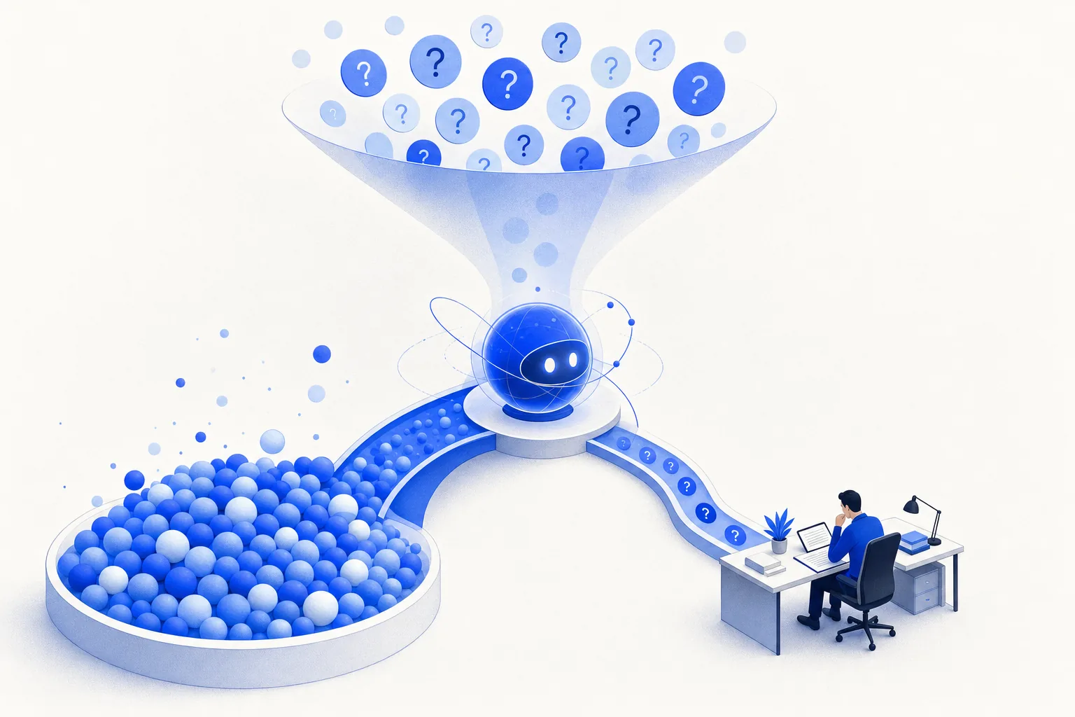 Ilustração editorial em tons de azul representando o artigo: Triagem de dúvidas contábeis no WhatsApp: o que a IA responde sozinha e o que vai pro contador