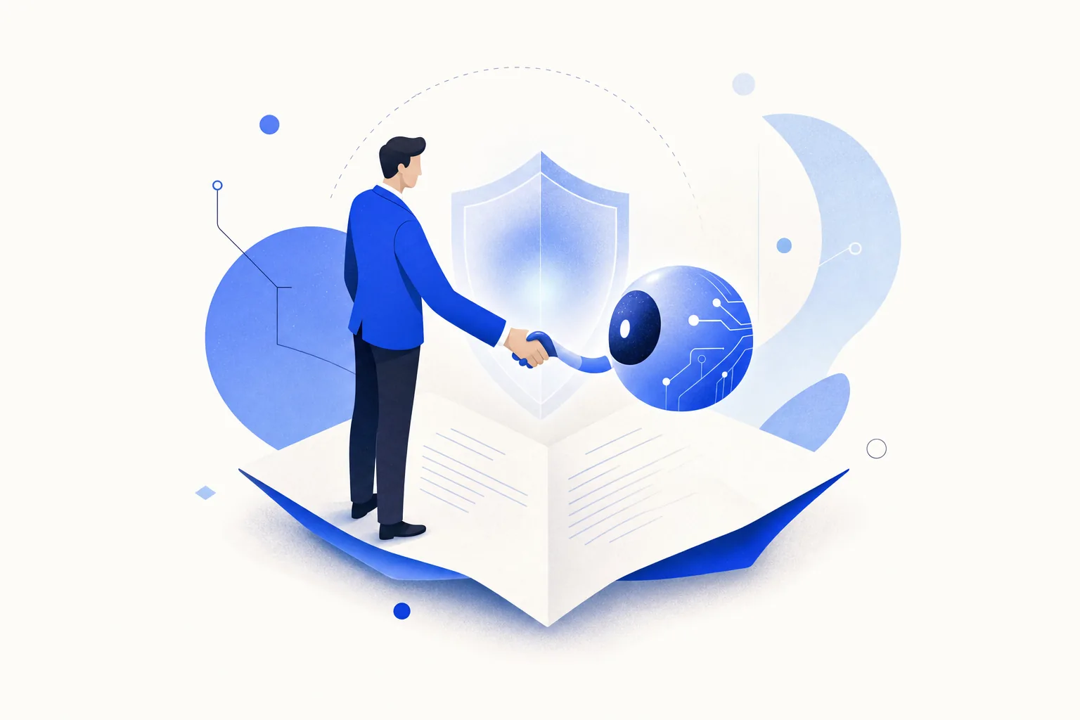 Ilustração editorial em tons de azul representando o artigo: Contratando IA de terceiros: as 7 cláusulas que protegem sua empresa
