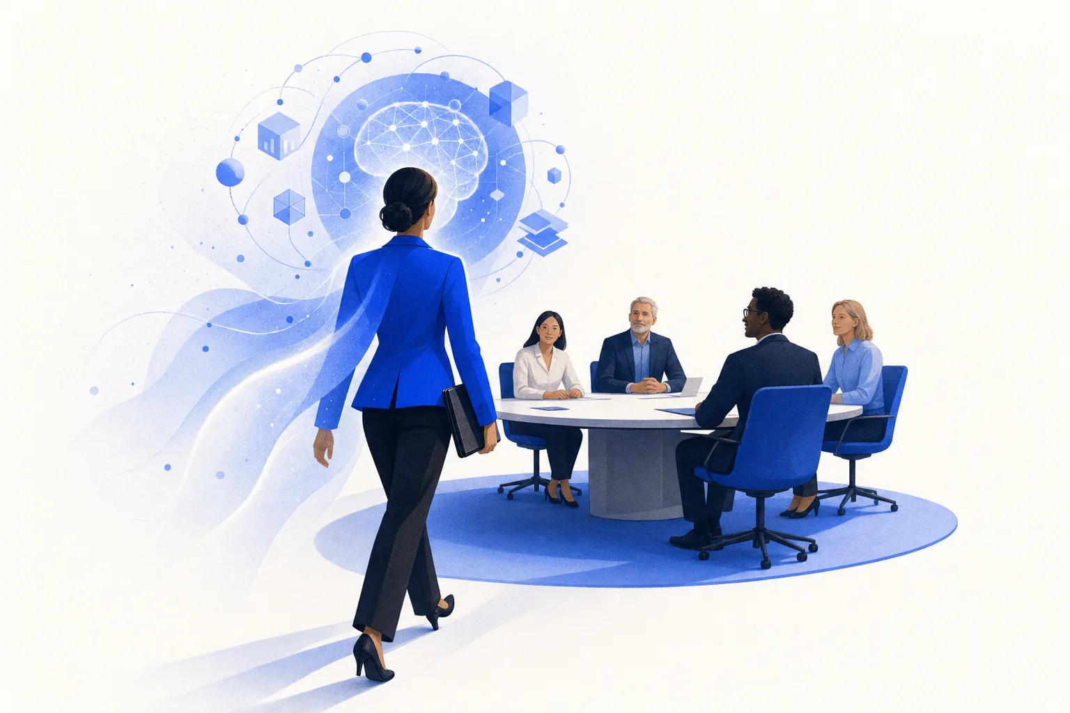 Ilustração editorial em tons de azul representando o artigo: Credibilidade antes da venda: como usar IA pra chegar na reunião como referência