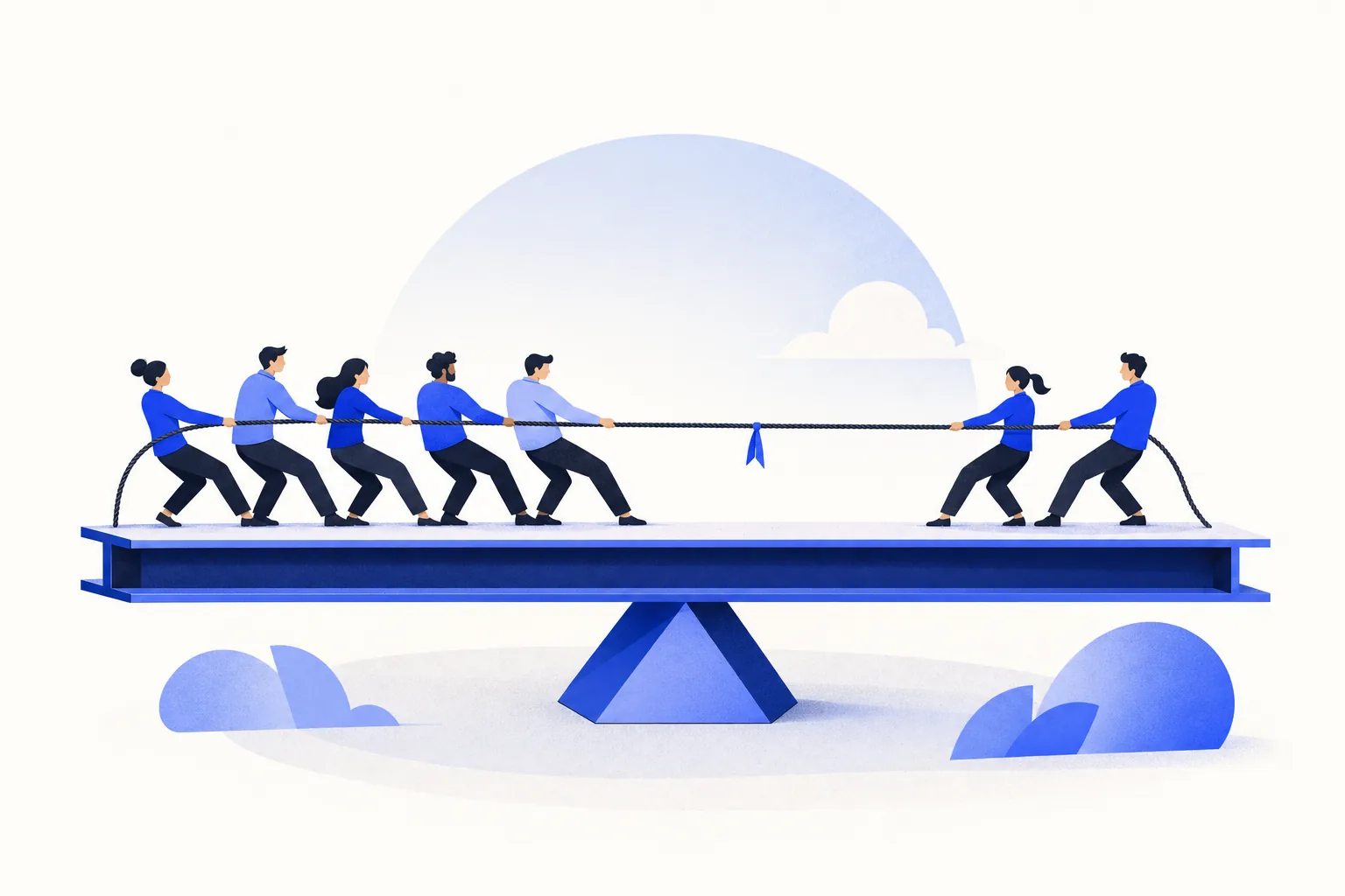 Ilustração editorial em tons de azul representando o artigo: Crescer pra 30 ou enxugar pra 15? A tensão estrutural que ninguém resolve formalmente