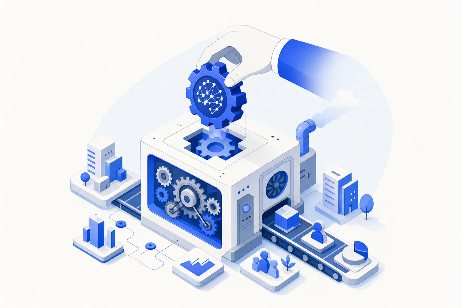Ilustração editorial em tons de azul representando o artigo: Como criar uma skill de IA que roda automaticamente na sua empresa